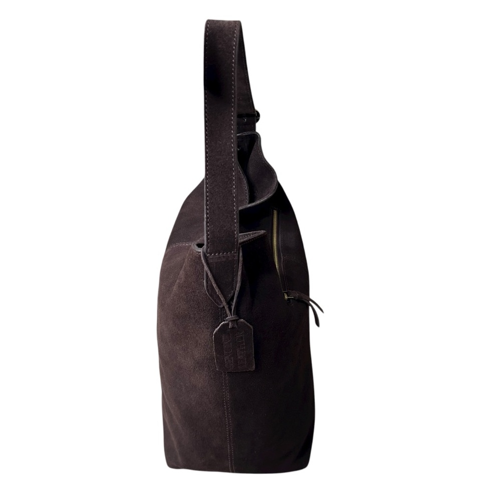 Chocolate Brown 100% Genuine Suede Leather Slouchy Hobo Bag Gold Buckle Strap - Picture 5 of 16